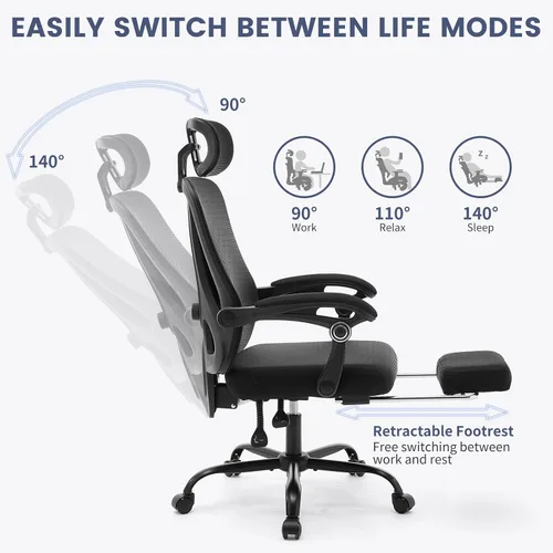 Miniatura 3 de Silla ergonómica de oficina de respaldo alto con reposapiés y reposacabezas, silla de escritorio de malla con soporte lumbar ajustable, silla