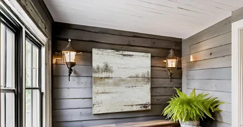 Miniatura 9 de Yihui Arts Arte de pared del paisaje del lago - Pintura rústica de granja en lienzo con árbol texturizado y acentos de lámina dorada