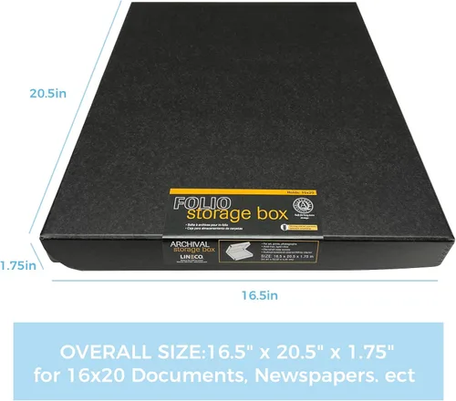 Miniatura 2 de Lineco, Caja de almacenamiento de archivos, sin ácidos, con borde de metal, tapa de concha. 16 x 20 x 1.75 pulgadas. Conserva y organiza, almacena
