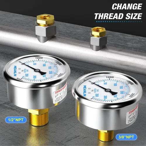 Miniatura 3 de MEANLIN MEASURE Manómetro de presión de acero inoxidable relleno de líquido de 0~5000Psi con rosca NPT de 1/4", carátula de 2.5", WOG Agua Aceite