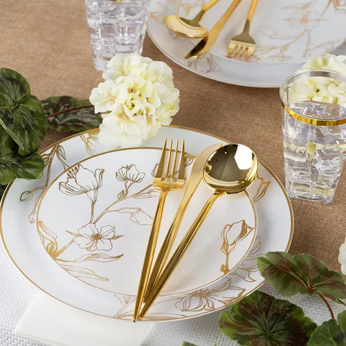 Miniatura 2 de EcoQuality Platos redondos de plástico blanco de 7.5 pulgadas con diseño floral dorado antiguo, platos desechables de fiesta como porcelana, platos
