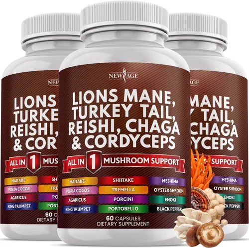 NEW AGE Suplemento de hongo de melena de león con cola de pavo Reishi Cordyceps Chaga con raíz de malvavisco, 180 unidades