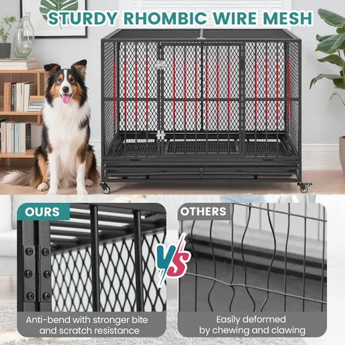 Miniatura 3 de Erinnyees Jaula para perros resistente de 42 pulgadas, perrera plegable para perros medianos y pequeños, jaula de metal con ruedas con bloqueo