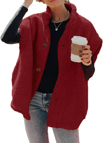 Hongqizo - Chaleco de forro polar mullido para mujer, casual, de gran tamaño, cálido, con botones, chaqueta de sherpa con bolsillos