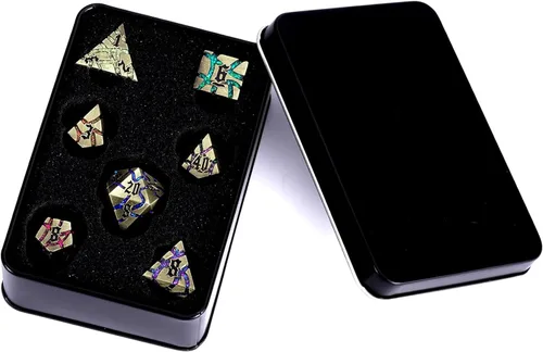 Miniatura 6 de Juego de Dados de Metal DND, Conjunto de 7 Dados Poliédricos D&D, Conjunto de Dados con Grietas Brillantes para Juego de Rol Calabozos y Dragones