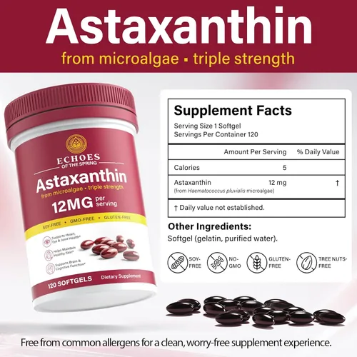 Miniatura 10 de Astaxantina 12 mg – Astaxantina natural de Haematococcus Pluvialis, suplemento antioxidante de triple fuerza para apoyo de ojos, piel
