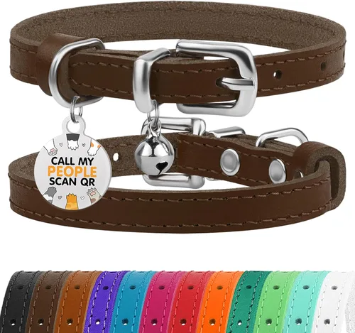 Miniatura 39 de BRONZEDOG Collar de cuero para gato con campanas extraíbles sin liberación rápida, etiqueta QR para gatito para niña y niño