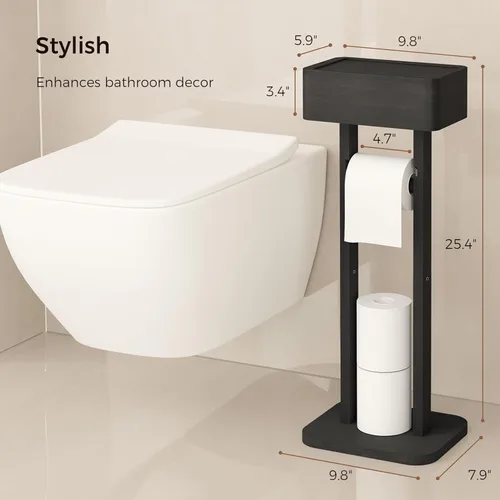 Miniatura 7 de Wealone Soporte de papel higiénico 4 en 1 negro con estante de almacenamiento, caja, rotación de 360°, bambú, papel higiénico de pie, dispensador