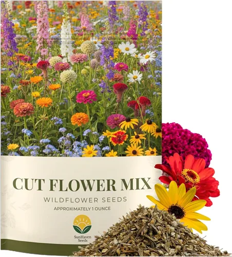 Cut Flower Garden Seed Mix – Más de 15,000 semillas – Paquete extra grande de 1 onza – Semillas de flores sin OMG – Zinnia, Cosmos, Larkspur,
