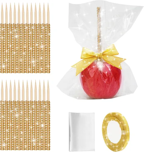 Miniatura 11 de Kit de 24 palos para manzanas de caramelo, 24 palos brillantes para manzanas con pedrería de rinestone de madera con 24 bolsas/ 25 yardas de cinta