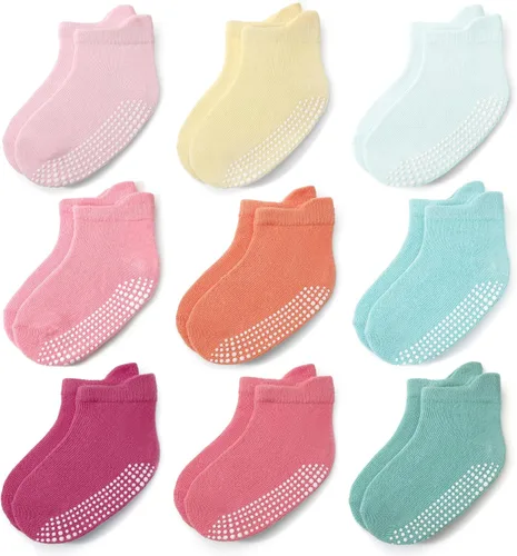 Miniatura 7 de JAKIDAR Calcetines Antideslizantes para Bebés y Niños Pequeños 9 Pares Calcetines de Algodón con Agarre en el Tobillo para Niños Niñas Bebés Niños