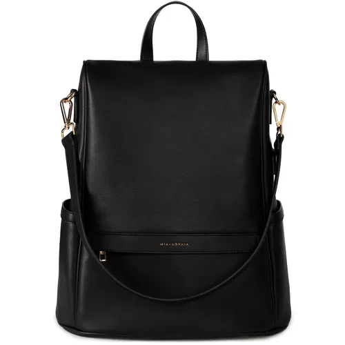 Miniatura 14 de MIA + SOPHIA Mochila de cuero para pañales con puerto de carga USB, cambiador, correas para cochecito y portabotellas (Marrón Mia)