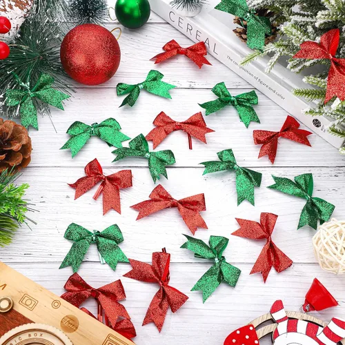 Miniatura 5 de Xinnun 100 lazos de cinta de Navidad de 2 pulgadas con purpurina, mini lazos de poliéster brillantes para Navidad, manualidades, apliques de verde