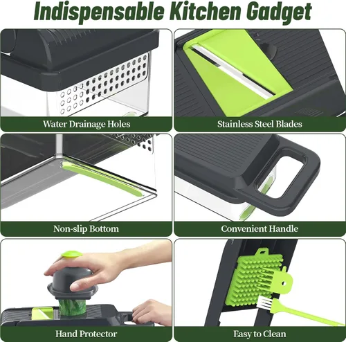 Miniatura 5 de StoreHappily Picador de verduras 12 en 1, picador de verduras de 7 cuchillas con recipiente y tapa, cortador, rebanador, utensilios de cocina Verde