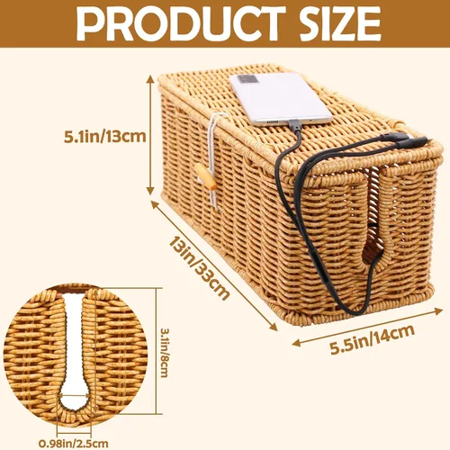 Miniatura 2 de Caja de gestión de cables, organizador de cables de cordón de ratán de imitación hecho a mano, caja ocultadora de cables con ranuras abiertas, cesta