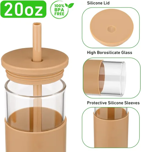 Miniatura 8 de Tronco Vaso de vidrio de 20 onzas con tapas y pajitas, vasos reutilizables para batidos con tapa de silicona, taza de café helado con funda