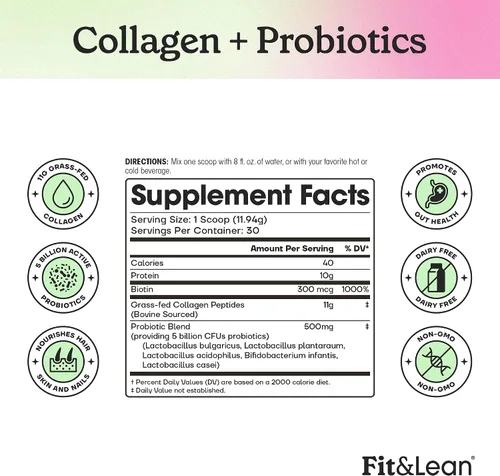 Miniatura 7 de Fit & Lean Colágeno + probióticos - Polvo de péptido de colágeno alimentado con pasto, sin sabor, 12.64 onzas