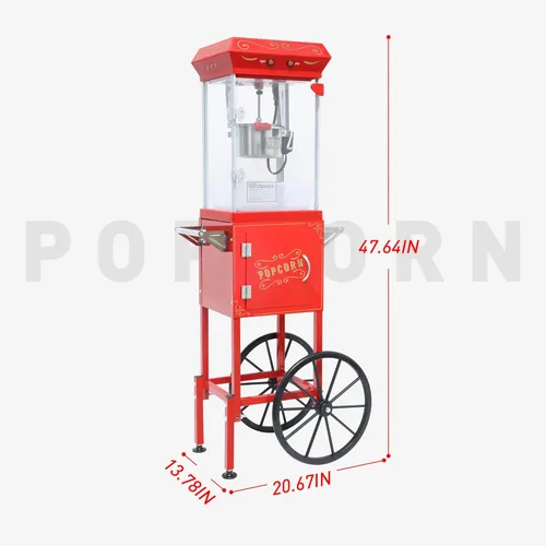 Miniatura 2 de Máquina de palomitas de maíz de 8 onzas con carrito (rojo) - Máquina portátil de palomitas de maíz vintage, control de doble interruptor con 3