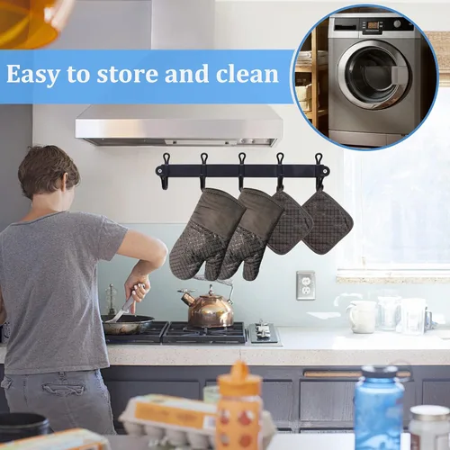 Miniatura 5 de 4 Piezas Guantes de Horno y Soportes para Ollas, Guantes de Horno de Cocina Resistentes al Calor de 500 °F con Soportes para Ollas, Guantes Largos