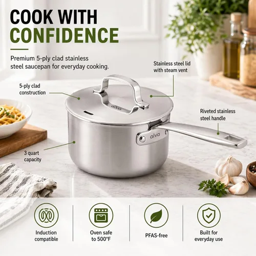 Miniatura 9 de Alva Maestro - Cacerola de acero inoxidable recubierta de 5 capas con tapa, olla pequeña de 1.5 cuartos de galón, compatible con inducción, apta