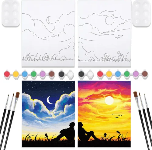 Miniatura 7 de Nuberlic Paquete de 2 Lienzos Predibujados de 8x10 pulgadas para Pintar para Adultos Kit de Pintar y Beber para Noche de Cita de Parejas Adultas
