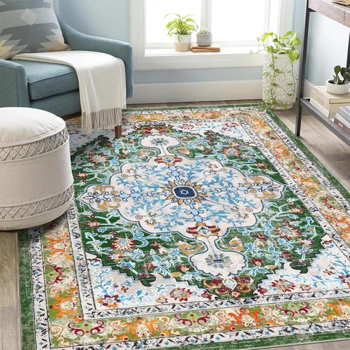 Miniatura 62 de U'Artlines Alfombra de Área Bohemia Lavable, 2x3 Pequeña Suave Antideslizante Vintage Felpudo para Puerta Frontal Interior Alfombra Verde