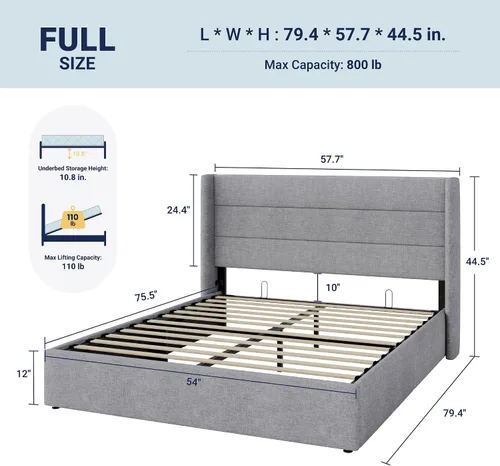 Miniatura 2 de Allewie Cama de almacenamiento elevable de tamaño completo, cabecera moderna con respaldo alado, soporte hidráulico, no necesita somier, gris claro