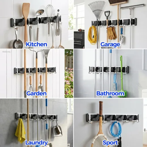Miniatura 5 de Holikme Soporte para Escobas y Fregonas de Pared, Organizador de Metal para Despensa y Almacenamiento, Organizador de Herramientas de Cocina