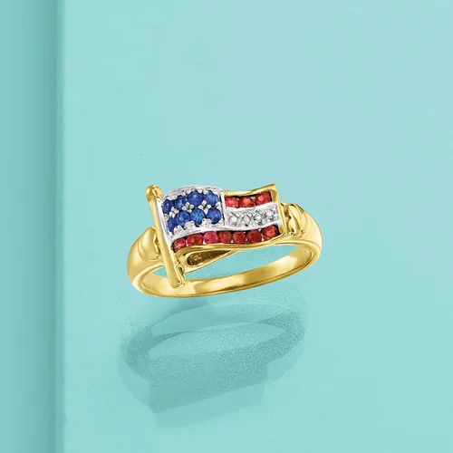 Miniatura 4 de Ross-Simons 0.20 ct. t.w. Ruby and .16 ct. t.w. Sapphire American Flag Ring With Diamond Accents in 18kt Gold Over Sterling