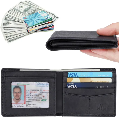 Miniatura 9 de HIMI - Cartera elegante de cuero auténtico para hombre, con bloqueo de interferencia de radiofrecuencia (RFID), con 2 ventanas para identificación