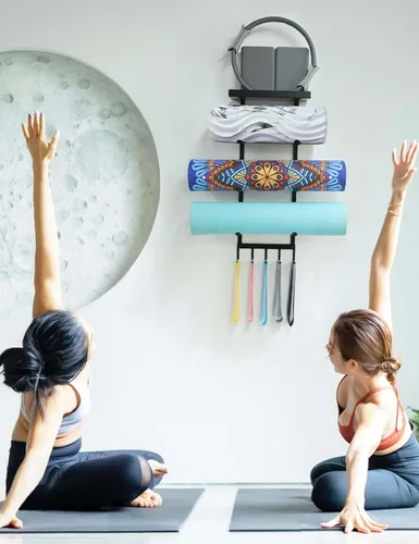 Miniatura 5 de Soporte de pared para esterilla de yoga, estante de almacenamiento de gimnasio en casa con estante flotante superior, 4 niveles para tapete de yoga