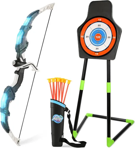 Handwell Juego de arco y flecha para niños con luz LED, juego de tiro con 10 flechas de ventosa, juguetes para interiores y exteriores, con objetivo