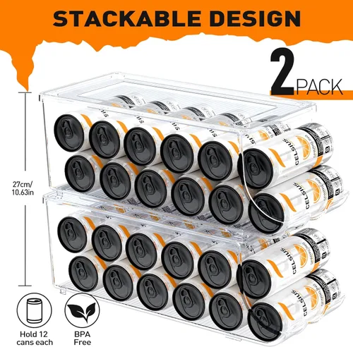 Miniatura 2 de SCAVATA Paquete de 2 organizadores de latas delgadas para refrigerador, dispensador de latas de soda alto y delgado apilable con tapa para nevera