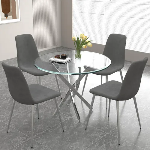 Miniatura 9 de Juego de mesa de comedor de cristal para 4, juego de mesa de cocina redonda dorada de 5 piezas con 4 sillas tapizadas negras, mesa de comedor