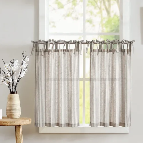Miniatura 21 de jinchan - Cortinas de lino a rayas para cocina de 20 pulgadas de largo, cortinas de varios niveles, estilo granja moderna de café, tratamientos