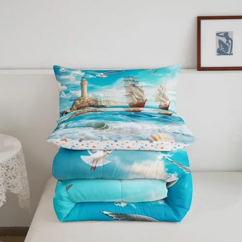 Miniatura 7 de Castle Fairy Juego de edredón de verano para niños, tamaño individual, diseño náutico reversible con diseño náutico de estrellas de mar, barco y Azul