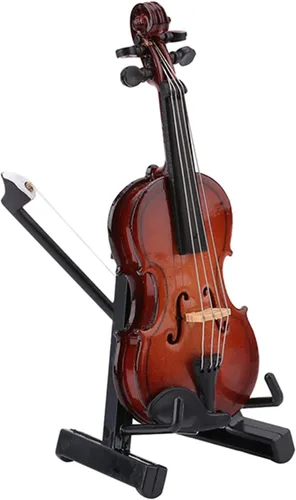 Miniatura 9 de HERCHR Violín en miniatura de madera, violonchelo en miniatura con soporte, mini instrumento musical, modelo de casa de muñecas en miniatura