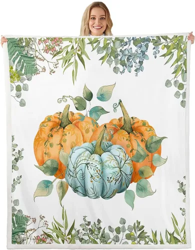 Manfei Manta de calabaza otoñal, manta de cama floral de hojas verdes para decoración de habitación de niños y niñas, manta de plantas botánicas