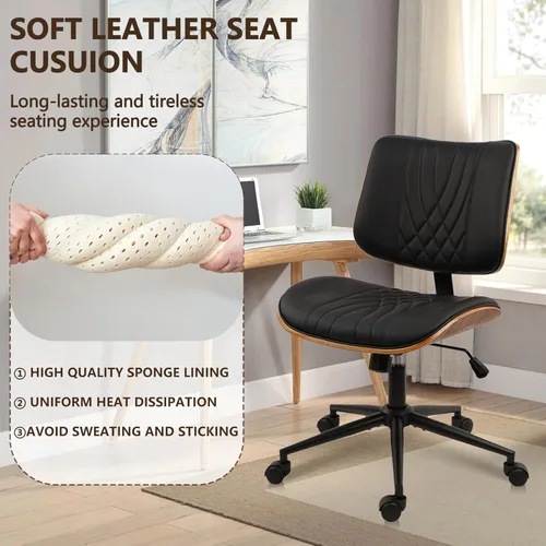 Miniatura 4 de CLATINA Silla de oficina en casa sin brazos, silla de escritorio con ruedas, silla de lectura de altura ajustable, respaldo medio de cuero y silla