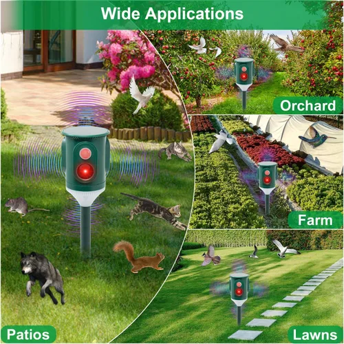 Miniatura 6 de Repelente solar ultrasónico de animales para exteriores, disuasorio de plagas activado por movimiento de 360° con luz estroboscópica, protección