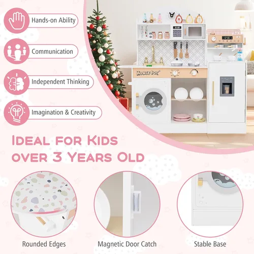 Miniatura 8 de HONEY JOY Juego de cocina para niños, juego de cocina de juguete de madera con luces, cafetera, microondas, fregadero, máquina de hielo, lavadora