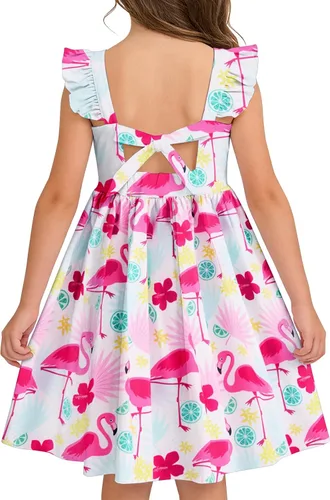 Miniatura 24 de Vieille Vestido de verano para niñas pequeñas, con volantes, manga corta, lindo vestido de sirena sin espalda para niños, vestido de playa casual