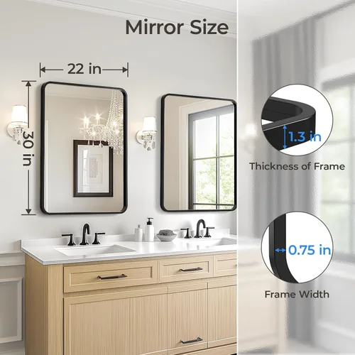 Miniatura 6 de USHOWER - Juego de 2 espejos negros para baño sobre lavabo de 56 x 76 cm, espejo rectangular de marco metálico, espejo de tocador moderno