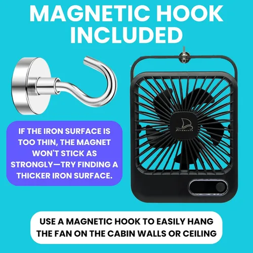 Miniatura 7 de Ventilador de Cabina para Crucero Aprobado - Gancho Magnético Incluido Para Colgar en Paredes - Portátil Recargable USB y Enchufe, Función de Negro