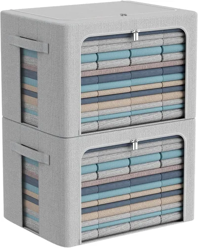 Miniatura 11 de CYhom Caja de almacenamiento de ropa, juego organizador plegable de tela de lino con ventana transparente, asas de transporte y marco de metal, 2