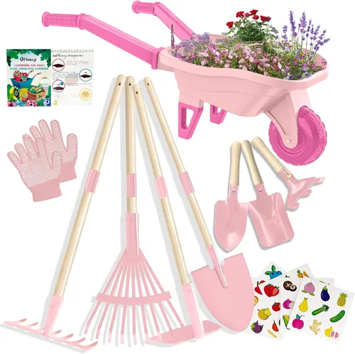 Miniatura 12 de Qtioucp - Juego de herramientas de jardinería para niños, juguetes al aire libre, juego de patio trasero con carretilla, juguetes educativos STEM
