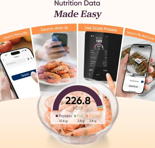Miniatura 7 de Báscula inteligente de cocina para alimentos Cosori con calculadora nutricional, aplicación gratuita para escaneo de IA, seguimiento de calorías
