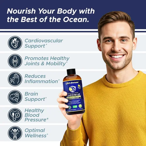 Miniatura 2 de Life's Fortune Aceite de hígado de bacalao líquido orgánico sabor a limón (8 onzas) 1000 mg de Omega + vitamina A, E y D3 – Apoya la salud