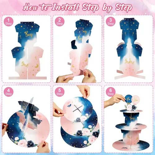 Miniatura 4 de Faccito Decoración de soporte para cupcakes para fiesta de revelación de género, azul y rosa de 3 niveles para baby shower, suministros de cartón
