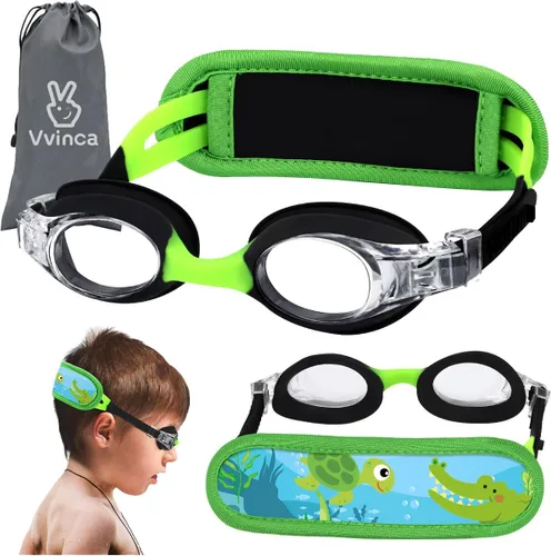Miniatura 8 de Vvinca Gafas de natación para niños con correa de tela, sin enredos, sin dolor, antivaho para piscina, sin fugas, para niños y niñas